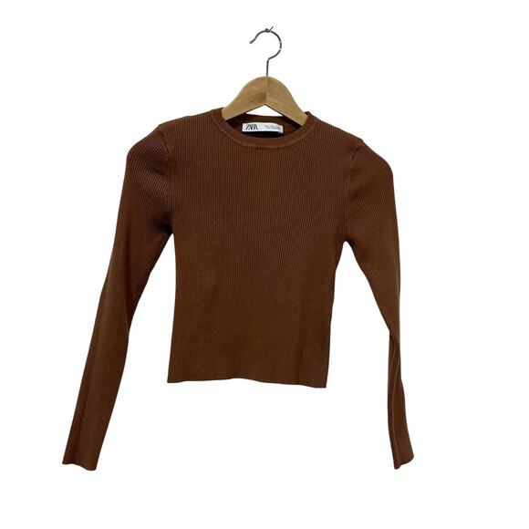 Zara Ribbed Shoulder Pad Long Sleeve Top Brown Capsule Minimalist Size M - Picture 2 of 5